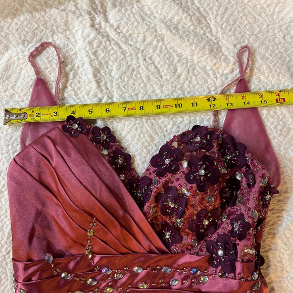 Vintage Y2K Pink/Magenta Beaded Floral Prom Gown Formal Dress Spaghetti Strap - Picture 9 of 10